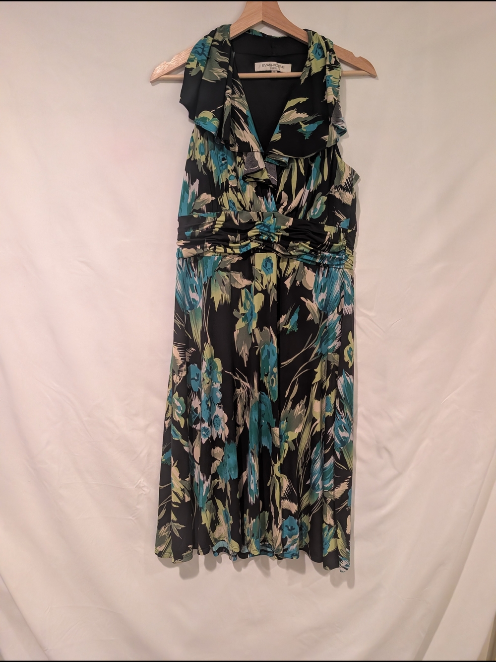 Evan Picone Black Floral Sleeveless V-Neck Midi Dress with Teal & Lime Accents